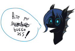 Size: 596x407 | Tagged: safe, artist:ianmata1998, derpibooru import, oc, oc:w. rhinestone eyes, changeling, pony, blue changeling, bust, cute, digital art, funny, honeypot changeling, portrait, simple, solo, vulgar