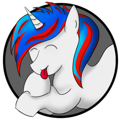 Size: 300x300 | Tagged: safe, artist:kacpi, derpibooru import, oc, oc:snowi, unicorn, avatar, blue hair, female, head, hooves, horn, mare, red hair, tongue, tongue out