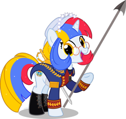 Size: 4000x3796 | Tagged: safe, artist:n0kkun, derpibooru import, oc, oc:arepita, pony, unicorn, boots, clothes, coat, female, freckles, glasses, hat, headband, jewelry, mare, multicolored hair, nation ponies, necklace, open mouth, ponified, raised hoof, raised leg, shirt, shoes, simple background, solo, spear, sword, transparent background, venezuela, weapon