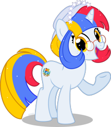 Size: 3000x3430 | Tagged: safe, alternate version, artist:n0kkun, derpibooru import, oc, oc:arepita, pony, unicorn, female, freckles, glasses, hat, headband, mare, multicolored hair, nation ponies, open mouth, ponified, raised hoof, raised leg, simple background, solo, transparent background, venezuela