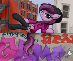 Size: 4096x3400 | Tagged: safe, artist:littlenaughtypony, derpibooru import, oc, oc:ruby geminis, earth pony, pony, beanie, clothes, graffiti, hat, hoodie, smiling, socks, stockings, thigh highs, underhoof, wall