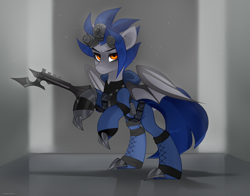 Size: 2300x1800 | Tagged: safe, artist:zlatavector, derpibooru import, oc, oc only, oc:dusk blade, bat pony, pegasus, pony, bat pony oc, bat wings, claws, commission, crossover, equipment, male, metal claws, solo, splinter rifle, stallion, warhammer (game), warhammer 40k, weapon, wings