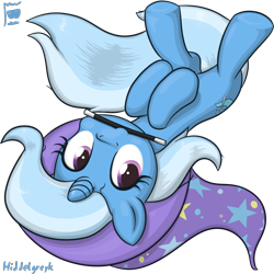 Size: 1000x1000 | Tagged: safe, artist:hiddelgreyk, derpibooru import, trixie, pony, unicorn, artist signature, clothes, cute, cutie mark, diatrixes, eyelashes, female, hat, horn, lying down, mare, mouth hold, simple background, solo, transparent background, trixie's hat, upside down, wand