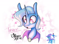 Size: 1280x960 | Tagged: safe, artist:ubizozo, derpibooru import, trixie, pony, unicorn, cape, clothes, cute, diatrixes, eyelashes, hat, horn, open mouth, signature, solo, surprised, trixie's cape, trixie's hat