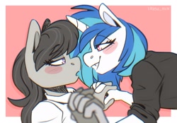 Size: 2048x1423 | Tagged: safe, artist:lrusu, derpibooru import, dj pon-3, octavia melody, vinyl scratch, anthro, earth pony, unicorn, black shirt, blushing, clothes, female, holding hands, leaning forward, lesbian, looking at each other, scratchtavia, shipping, shirt, white shirt