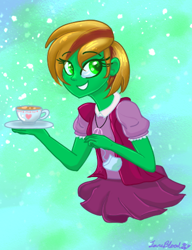 Size: 351x456 | Tagged: safe, artist:janeblood969, derpibooru import, oc, oc only, oc:nicole sunstone, equestria girls, cup, food, smiling, solo, tea