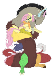 Size: 3194x4458 | Tagged: safe, artist:snspony, derpibooru import, discord, fluttershy, draconequus, hybrid, pegasus, pony, discoshy, female, high res, holding a pony, interspecies offspring, male, offspring, parent:discord, parent:fluttershy, parents:discoshy, shipping, simple background, straight, white background