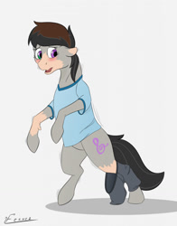 Size: 1006x1280 | Tagged: safe, artist:furnaise, derpibooru import, octavia melody, earth pony, human, pony, blushing, clothes, eye color change, human to pony, male to female, pants, rule 63, shirt, solo, species swap, transformation, transgender transformation