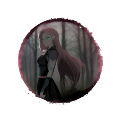 Size: 1280x1280 | Tagged: safe, artist:nocturnefrost, derpibooru import, fluttershy, human, armr, belt, clothes, dress, female, fog, forest, humanized, shirt, simple background, solo, transparent background, tree