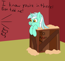 Size: 3198x2993 | Tagged: safe, artist:librarylonging, derpibooru import, lyra heartstrings, pony, unicorn, crate, eating, food, implied anon, l.u.l.s., oats, puffy cheeks, solo, text