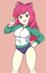 Size: 1881x2952 | Tagged: safe, artist:sumin6301, derpibooru import, apple bloom, equestria girls, belly button, breasts, hand on hip, looking at you, older, older apple bloom, open mouth, orange background, peace sign, simple background