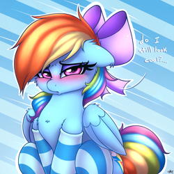 Size: 3200x3200 | Tagged: safe, artist:heavymetalbronyyeah, derpibooru import, rainbow dash, pegasus, pony, backwards cutie mark, blushing, bow, chest fluff, clothes, cute, dashabetes, ears, female, floppy ears, hair bow, looking at you, mare, socks, solo, striped socks