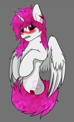 Size: 2364x3888 | Tagged: safe, artist:alistair504, derpibooru import, oc, oc only, alicorn, pony, alicorn oc, blushing, chest fluff, eye clipping through hair, gray background, high res, horn, looking at you, male, simple background, solo, stallion, wings