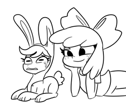 Size: 3608x3000 | Tagged: safe, artist:tjpones, derpibooru import, apple bloom, scootaloo, pegasus, pony, equestria girls, animal costume, black and white, bunny costume, clothes, costume, crying, duo, female, filly, freckles, grayscale, lying down, monochrome, prone, simple background, white background