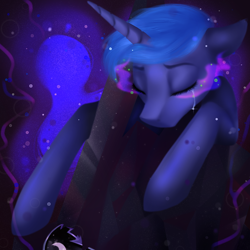 Size: 1000x1000 | Tagged: safe, artist:thecreativerey, derpibooru import, princess luna, alicorn, pony, armor, crying, eyes closed, female, mare, sad, solo