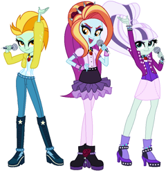 Size: 798x832 | Tagged: safe, artist:sarahalen, derpibooru import, adagio dazzle, aria blaze, coloratura, lightning dust, sassy saddles, sonata dusk, equestria girls, rainbow rocks, the mane attraction, alternate universe, clothes, countess coloratura, equestria girls-ified, female, gem, jewelry, microphone, necklace, open mouth, open smile, ponytail, rara, simple background, siren gem, smiling, smirk, spikes, the dazzlings, trio, trio female, white background
