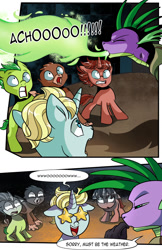 Size: 1280x1980 | Tagged: safe, artist:candyclumsy, derpibooru import, spike, oc, dragon, earth pony, griffon, unicorn, comic:revolution of harmony, colt, earth pony oc, fire sneeze, griffon oc, horn, impressed, male, older, older spike, scared, unicorn oc