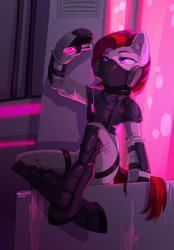 Size: 892x1280 | Tagged: safe, artist:hakkids2, derpibooru import, oc, oc only, earth pony, semi-anthro, armor, commission, cyberpunk, digital art, female, hooves, mare, mask, sitting, solo, tail