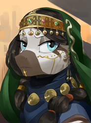 Size: 509x686 | Tagged: safe, artist:cadillacdynamite, derpibooru import, oc, oc only, zebra, equestria at war mod, blue eyes, braided pigtails, bust, clothes, crown, ear piercing, earring, eyelashes, female, jewelry, makeup, mare, necklace, piercing, portrait, regalia, royalty