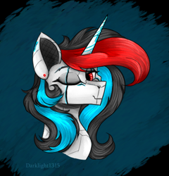 Size: 4753x4948 | Tagged: safe, artist:darklight1315, derpibooru import, oc, oc:darklight kvass, pony, robot, robot pony, unicorn, bust, one eye closed, portrait, solo, wink