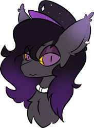 Size: 1270x1735 | Tagged: safe, artist:mimicryfluffoarts, derpibooru import, oc, oc only, oc:zenaris blackmour, bat pony, bat pony oc, bedroom eyes, collar, dyed mane, ear piercing, earring, fluffy, hat, jewelry, piercing