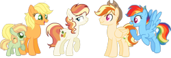 Size: 4200x1428 | Tagged: safe, artist:gallantserver, derpibooru import, applejack, rainbow dash, oc, oc:caramel crisp, oc:smithy gold, oc:sugarcube, female, filly, magical lesbian spawn, male, mare, offspring, parent:applejack, parent:rainbow dash, parents:appledash, simple background, stallion, transparent background