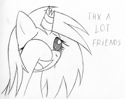 Size: 500x395 | Tagged: safe, artist:srmario, derpibooru import, oc, oc only, pony, unicorn, :d, broken horn, crying, eyelashes, female, horn, lineart, mare, monochrome, open mouth, simple background, smiling, solo, talking, tears of joy, unicorn oc, white background, wiping tears