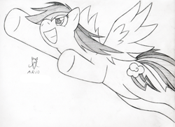 Size: 600x437 | Tagged: safe, artist:srmario, derpibooru import, rainbow dash, pegasus, pony, female, flying, grin, lineart, mare, monochrome, simple background, smiling, solo, underhoof, white background