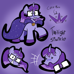 Size: 4000x4000 | Tagged: safe, artist:shunks, derpibooru import, twilight sparkle, unicorn twilight, pony, unicorn, cape, character design, character development, clothes, colored hooves, concept art, cutie mark, glasses, glasses off, lineart, looking at you, nerd, purple mane, redesign, simple background, smug, solo, surprised