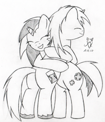 Size: 400x468 | Tagged: safe, artist:srmario, derpibooru import, oc, oc only, pony, unicorn, broken horn, duo, eyes closed, female, horn, hug, lineart, male, mare, monochrome, simple background, smiling, stallion, unicorn oc, unshorn fetlocks, white background