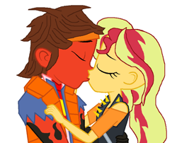 Size: 820x661 | Tagged: safe, artist:robertsonskywa1, derpibooru import, idw, sunset shimmer, equestria girls, clothes, couple, crossover, crossover shipping, headband, kissing, love, more than meets the eye, photo, rodimus, shipping, transformers