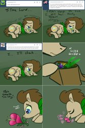 Size: 1302x1954 | Tagged: safe, artist:toadstool-prancer, derpibooru import, doctor whooves, oc, oc:tantamount, earth pony, pony, bag, disguise, disguised changeling, flower, green face, male, saddle bag, shivering, sniffing, solo, tantamount time turner, wavy mouth