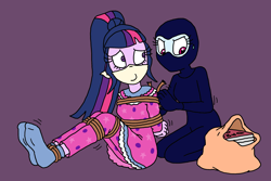 Size: 2500x1667 | Tagged: safe, artist:bugssonicx, derpibooru import, rainbow dash, sci-twi, twilight sparkle, equestria girls, arm behind back, bag, bondage, book, bound and gagged, catsuit, cloth gag, clothes, gag, mask, pajamas, socks, stocking feet, sweat, sweatdrop, tied up, tying