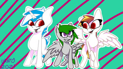 Size: 1280x720 | Tagged: safe, artist:ukedideka, derpibooru import, oc, oc only, oc:glo prizmatica, oc:lumen afterglow, oc:quizzical aphre, pegasus, pony, unicorn, group, group photo, horn, looking at each other, pegasus oc, red hair, simple background, smiling, smiling at each other, species:abstract, spread wings, tongue, tongue out, unicorn oc, wings