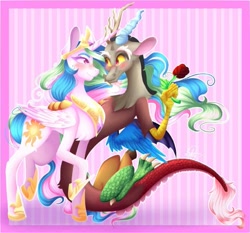 Size: 605x565 | Tagged: safe, artist:shibachichi, derpibooru import, discord, princess celestia, alicorn, draconequus, pony, blushing, box, dislestia, female, flower, looking at each other, male, pink background, rose, shipping, simple background, straight