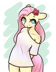 Size: 1544x1996 | Tagged: safe, artist:goyini01, derpibooru import, fluttershy, anthro, pegasus, bottomless, breasts, clothes, cute, daaaaaaaaaaaw, ears, female, floppy ears, flower, flower in hair, hootershy, looking at you, mare, nudity, off shoulder, partial nudity, shyabetes, smiling, smiling at you, solo, t-shirt