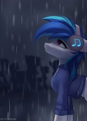 Size: 1800x2500 | Tagged: safe, artist:delta hronum, derpibooru import, dj pon-3, vinyl scratch, pony, unicorn, clothes, female, headphones, looking up, rain, solo, sweater