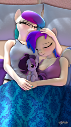 Size: 1080x1920 | Tagged: safe, artist:anthroponiessfm, derpibooru import, oc, oc:aurora starling, oc:inkwell stylus, oc:raven storm, anthro, 3d, bed, blushing, breasts, clothes, cuddling, cute, daaaaaaaaaaaw, eyes closed, female, glasses, head pat, holding hands, holding head, pat, plushie, source filmmaker, wholesome