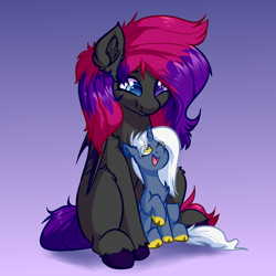 Size: 4000x4000 | Tagged: safe, artist:witchtaunter, derpibooru import, oc, oc only, bat pony, pony, unicorn, bat pony oc, chest fluff, commission, duo, ear fluff, ears, female, filly, foal, gradient background, looking at each other, mare, mother and child, mother and daughter, open mouth, open smile, parent and child, sitting, smiling, wings