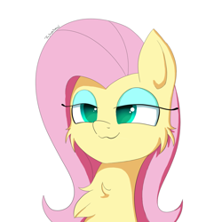 Size: 1080x1080 | Tagged: safe, artist:fajnyziomal, derpibooru import, fluttershy, pegasus, pony, cheek fluff, chest fluff, cute, daaaaaaaaaaaw, shyabetes, simple background, smiling, smug, smugshy, solo, white background