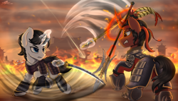 Size: 5568x3180 | Tagged: safe, artist:av-4, derpibooru import, oc, oc only, oc:shiro reisu, pony, unicorn, armor, chinese, duel, fight, gate, halberd, japanese, katana, male, romance of the three kingdoms, samurai, stallion, sword, tower, wall, weapon