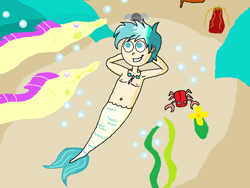 Size: 1339x1008 | Tagged: safe, artist:ocean lover, derpibooru import, terramar, crab, eel, fish, human, mermaid, arm behind head, belly button, bubble, chest, fins, flower, humanized, jewelry, light, looking up, lying down, male, male nipples, mermaidized, merman, necklace, nipples, sand, seaweed, species swap, tail, underwater