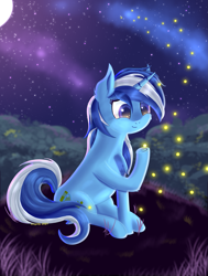 Size: 1625x2145 | Tagged: safe, artist:divifilly, derpibooru import, minuette, pony, unicorn, female, field, mare, night, raised hoof, raised leg, solo