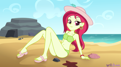 Size: 3832x2152 | Tagged: safe, artist:unichan, derpibooru import, rose heart, equestria girls, beach, bedroom eyes, belly button, bikini, bikini bottom, bikini top, bracelet, clothes, commission, ear piercing, earring, feet, female, hat, jewelry, ocean, piercing, rock, sandals, seashell, sitting, sleeveless, solo, starfish, sun hat, swimsuit, water, ych result