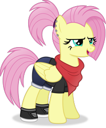 Size: 3856x4646 | Tagged: safe, artist:anime-equestria, derpibooru import, fluttershy, pegasus, pony, alternate hairstyle, bandana, clothes, ear piercing, female, mare, piercing, ponytail, shoes, simple background, solo, transparent background, vector, wings