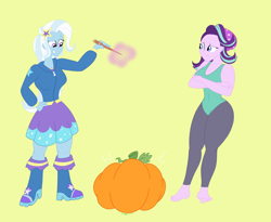 Size: 2970x2430 | Tagged: safe, artist:necrofeline, derpibooru import, starlight glimmer, trixie, equestria girls, grin, magic, magic wand, pumpkin, sequence, smiling, this will end in weight gain, this will not end well, weight gain sequence