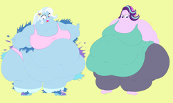 Size: 3360x1998 | Tagged: safe, artist:necrofeline, derpibooru import, starlight glimmer, trixie, equestria girls, belly, belly button, big belly, big breasts, bingo wings, breasts, chubby cheeks, clothes, double chin, fat, fat boobs, gritted teeth, huge belly, huge breasts, impossibly large belly, impossibly large thighs, magic, morbidly obese, neck roll, obese, open mouth, ripping clothes, rolls of fat, starlard glimmer, sweat, sweatdrops, the great and bountiful trixie, thighs, thunder thighs, weight gain, weight gain sequence