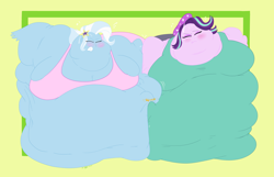 Size: 2940x1890 | Tagged: safe, artist:necrofeline, derpibooru import, starlight glimmer, trixie, equestria girls, belly, belly squish, big belly, big breasts, bingo wings, blushing, breasts, chubby cheeks, double chin, duo, duo female, eyes closed, fat, fat boobs, female, gritted teeth, huge belly, huge breasts, impossibly large belly, magic, morbidly obese, neck roll, obese, rolls of fat, starlard glimmer, starlight jiggler, stuck, sweat, sweatdrops, the great and bountiful trixie, titsie, wavy mouth, weight gain, weight gain sequence