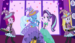 Size: 4500x2550 | Tagged: safe, artist:bigpurplemuppet99, derpibooru import, fuchsia blush, lavender lace, starlight glimmer, trixie, human, equestria girls, rainbow rocks, cape, clothes, dress, eyelashes, hat, singing, trixie and the illusions, trixie's cape, trixie's hat