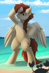 Size: 2480x3685 | Tagged: safe, artist:neverend, derpibooru import, oc, crab, pegasus, pony, beach, belly button, bipedal, braid, complex background, ocean, pegasus oc, spread wings, wings